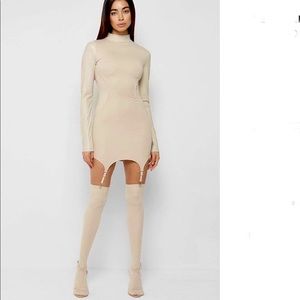 Beige Vegan Leather Dress with Over The Knee Socks Thumb Holes On Sleeves